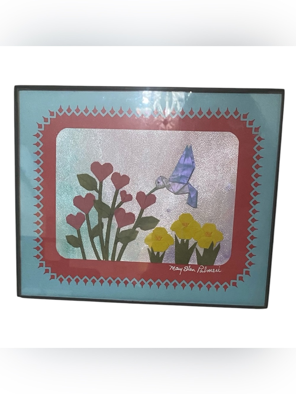 Paper Mixed Media Art Signed Mary Ellen Palmeri Floral Hummingbird